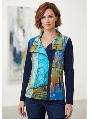 Simply Art by Dolcezza Abstract Woman’s Art Asymmetrical Zip cardigan Sz M 2032
